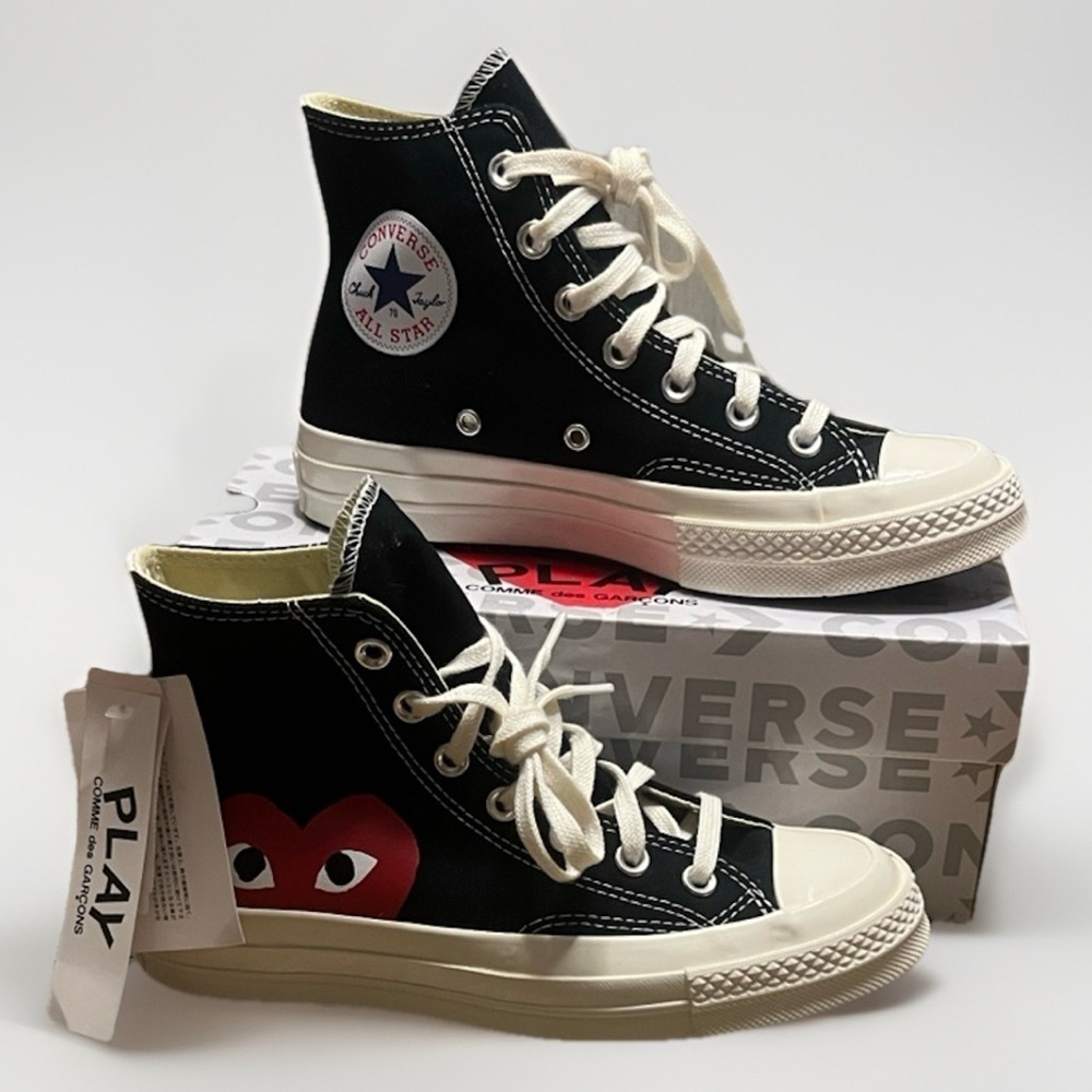 NWT CDG Converse Comme des Garcons Chucks Black White Red Heart W12/M10